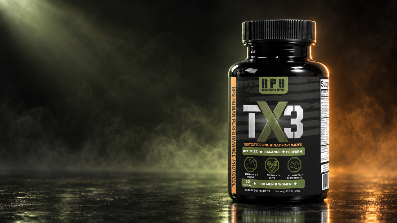 TX3 Hormone Regulation Engine bottle by RPG on a dark reflective surface with green and orange smoke